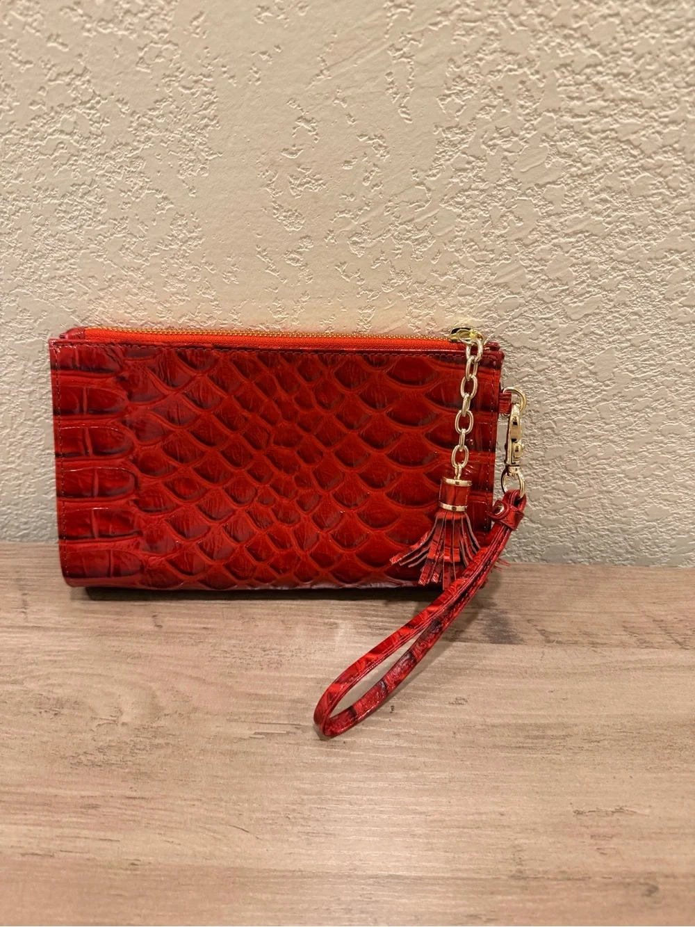 Brahmin Daisy Volcanic Red Croc-Embossed Leather Wristlet